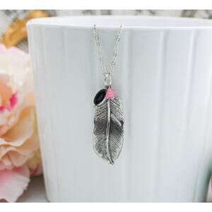 Handmade Antiqued Silver Feather Necklace Pink Flower Black Bead Freedom Charm